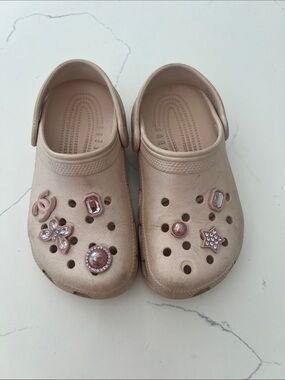CROCS Kids Metallic Rose Gold Slip-On Clogs with Jewel Charms
